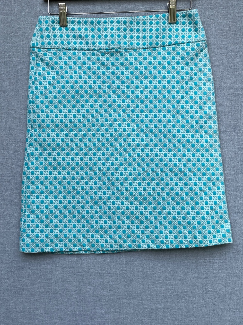 Talbots Skirt 2P Turquoise White Cane Lattice Geometric Print Cotton Pencil Mini